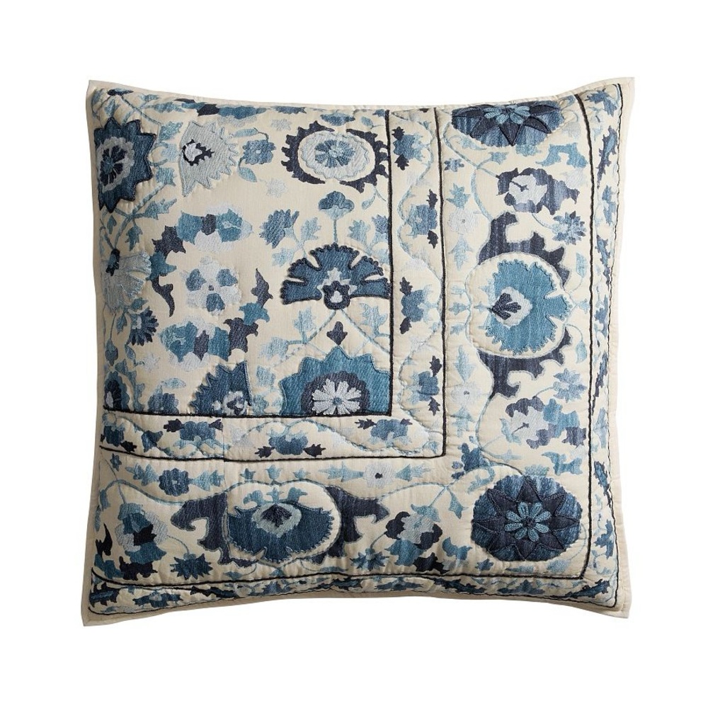 NEW Pottery Barn Penelope Handcrafted Quilted Sham, Euro Pillow BLUE Applique
